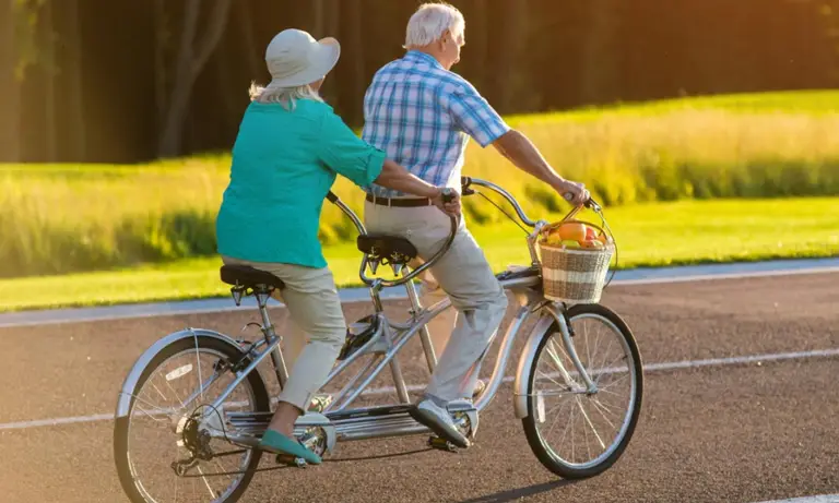 Old couple riding a bicycle down a road